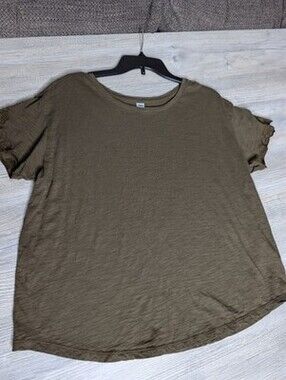 Old Navy Women's V-Neck Lace Trim Blouse, Size L, Green Floral, Short Sleeve